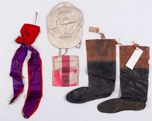 Boots and breeches worn by Royal Jockey John Watts when winning the 1896 Epsom Derby