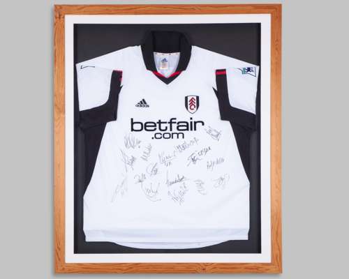 White and black Fulham autographed short-sleeved shirt display, 2002-03