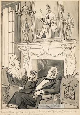 Frank Reynolds (British, 1876-1953) artwork of an English gentleman cricketer who appears to have adopted an interest in American baseball, circa 1940