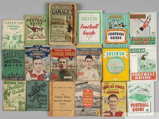 Gamages Association Football, 17th Issue, 
  front cover detached, poor copy, six 1930s Topical Times Annuals and run of eleven Green 'Un Football Gui