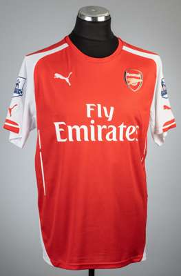 Olivier Giroud signed red Arsenal no.12 home jersey, season 2014-15,
 Puma, short-sleeved with BARCLAYS PREMIER LEAGUE sleeve badges, club crest and s