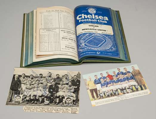 Bound volume of home programmes for Chelsea's 1954-55 Football League Division One winning season together with autographs of the championship team,
 