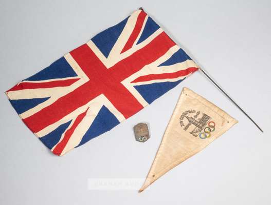 London 1948 Olympic Games lapel badge, car pennant and Great Britain flag,
 the lapel badge with Houses of Parliament in relief with enamelled Olympic