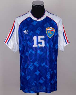 Dejan Govedarica white and blue No.15 Yugoslavia v. Brazil short-sleeved shirt, 1994