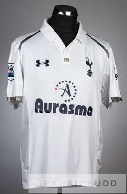 Steven Caulker team signed white Tottenham Hotspur no.33 home jersey, season 2012-13,
 short-sleeved BARCLAYS PREMIER LEAGUE sleeve badges, club crest
