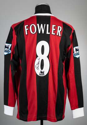 Robbie Fowler signed red and black striped Manchester City no.8 third choice jersey, season 2004-05,
 Reebok, long-sleeved with BARCLAYS PREMIERSHIP s