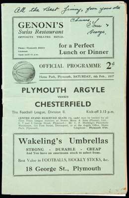 Plymouth Argyle v Chesterfield programme 6th February 1937, light folds with writing on cover, otherwise generally good