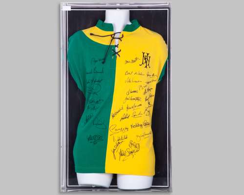 Green and yellow Newton Heath autographed replica shirt