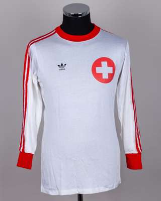 Gilbert Guyot white and red No.5 Switzerland v. Scotland long-sleeved shirt, 1976