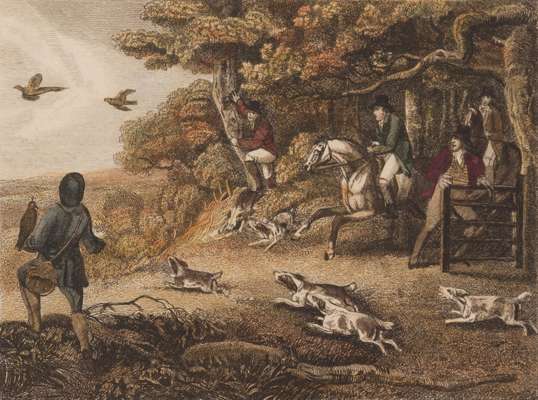 After Samuel Howitt (1765-1822) A GROUP OF 11 COUNTRY PURSUITS PRINTS: DUCK HAWKING, PHEASANT SHOOTING, OTTER HUNTING (two, plates 1 & 2), MINNOW FISH