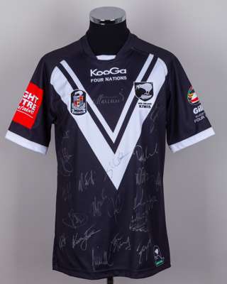 Two black and white New Zealand Rugby League autographed short-sleeved shirts
