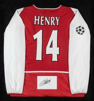Thierry Henry red & white Arsenal No.14 jersey from the 2003-04 Champions League campaign,
 short-sleeved, UCL starball badge,  reverse lettered HENRY