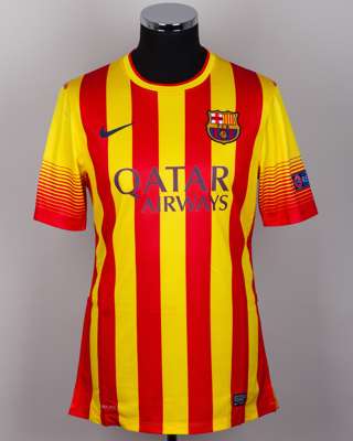 Lionel Messi red and yellow No.10 Barcelona v. AC Milan short-sleeved shirt, 2013