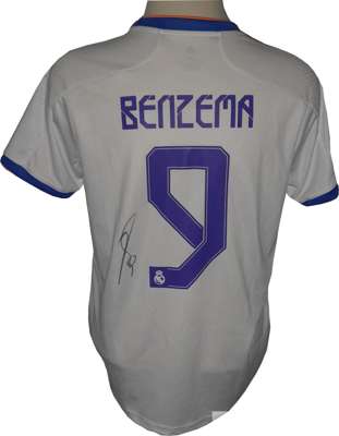 Karim Benzema signed Real Madrid home shirt season 2021-22 with Champions League patch,
 and denotion of their 13 times previous winners of Europe's e