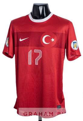 Burak Yilmaz signed red Turkey No.17 home jersey from the 2014 FIFA World Cup Qualifiers, 
 short-sleeved, with 2014 FIFA WORLD CUP BRAZIL QUALIFIERS 