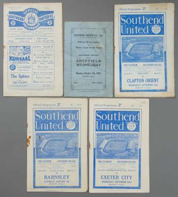 Five Southend United 1930s home programmes, 

v Port Vale 30th April 1934 (Dave Robinson Benefit Match), Sheffield Wednesday 7th October 1935 (Micky J
