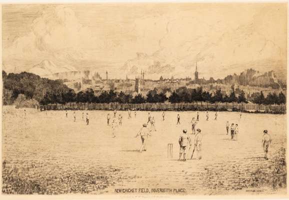 Gertrude Hayes (British, 1872-1956) 'New Cricket Field, Inverleith Place', 
 published by W.H. Benyon & Co., Cheltenham, etching, published circa 1900