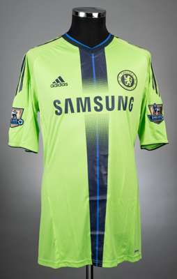 Rare David Luiz green and blue No.4 Chelsea short-sleeved jersey 2010-11, 
 3rd kit, Adidas, XL, with v-neck collar and embroidered cloth badge inscri