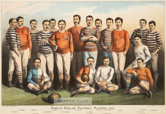 The Boy's Own Paper of famous English football players 1881,
 the colour lithograph featuring players standing and seated pose, with printed legend by