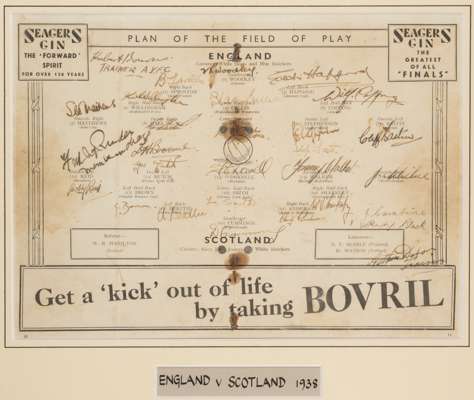 Fully signed England v Scotland football plan of the field of play, played at Wembley Stadium, on 9th April 1938,
 the centre programme page with team