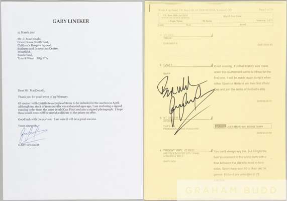 Gary Lineker signed script for the BBC coverage of the 2010 World Cup Final