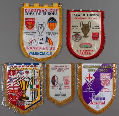 Selection of Arsenal FC match day pennants, 
 including v Parma 4th May 1994; v AC Fiorentina 14th September 1999; v Valencia CF April 2001; v Torino 