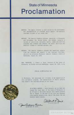 A proclamation presented to Pelé in 1979 by then Minnesota Governor Albert H. Quie, 
 marking August 29, 1979, as "Special Olympics/Pelé Day." The pap