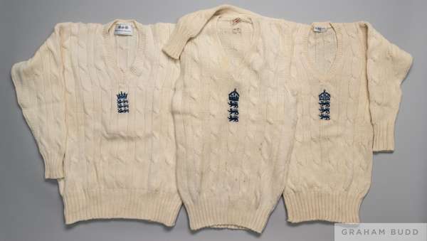 David Lloyd two England test jumpers and tank top
 with embroidered three lions crest, some discoloration (3)

 The following Lots 187 to 221 relate t