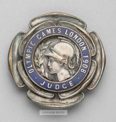 London 1908 Olympic Games Judge's badge,
 silvered bronze and blue enamel with central head of Anthea surrounded by OLYMPIC GAMES LONDON 1908 JUDGE, r