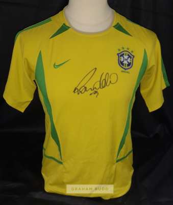Brazil 2002 World Cup replica winning jersey signed by the mercurial Ronaldo De Lima, 
 dubbed “The Phenomenon” autographed boldly across front of jer