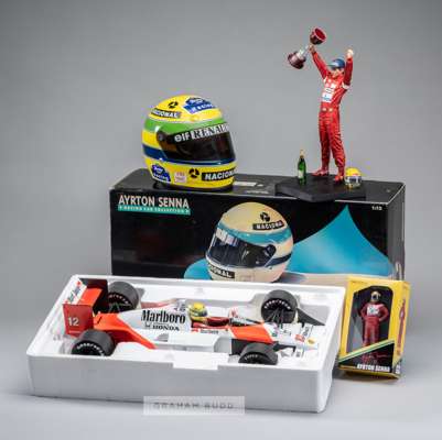 Ayrton Senna themed collection of various Minichamps model cars and assorted figurines (12)
 FW14 540911805 - Lotus 540851812 - McLaren Honda 54092180