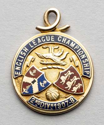 Football League Division Two championship medal awarded to a Bradford City player in season 1907-08, 
 recipient unknown, 15ct gold, obverse enamelled