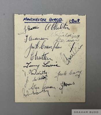 1948 Manchester United autograph sheet signed by 15 players, 
 including 10 of the 1948 FA Cup winning side in pen, the other side autographed by Sout