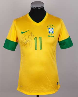 Neymar yellow and green No.11 Brazil v. Argentina autographed short-sleeved shirt, 2012