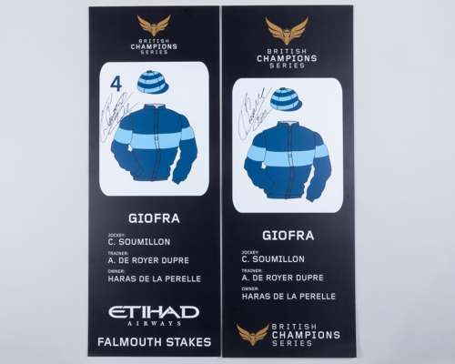 Paddock parade pennants for 2012 Falmouth Stakes winner Giofra signed by Christophe Soumillon