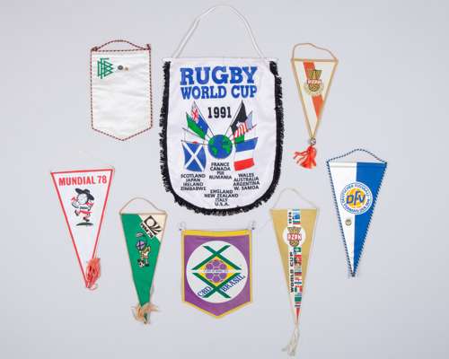 A collection of World Cup supporters pennants