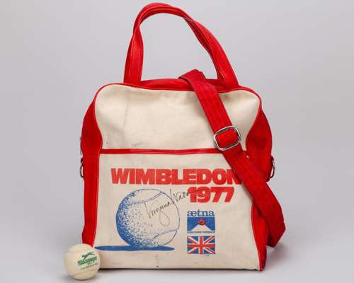 A vintage Wimbledon 1977 tennis bag, autographed by Virginia Wade