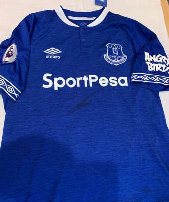 Theo Walcott signed blue Everton replica home jersey 2018-19,
 Umbro, short-sleeved with club crest and sponsor logo, signed in marker pen to front, w