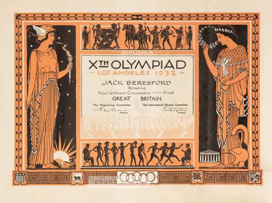 1932 Los Angeles Olympic Games coxless fours rowing gold medal diploma awarded to Jack Beresford of Great Britain, 
 of typical form with 1932 Los Ang