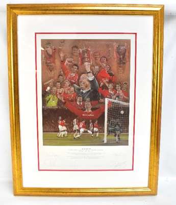 Manchester United 1998-1999 celebration signed and framed print entitled 'Treble Winners'