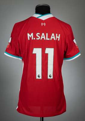 Mo Salah, red Liverpool F.A. Community Shield no.11 jersey, season 2020-21
 match issue, New Balance, short-sleeved with THE FA COMMUNITY SHIELD sleev