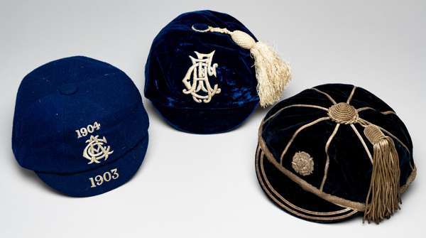 Three representative caps awarded to A Burn Murdoch, circa 1900s,
 comprising navy velvet cap with cream tassel and initials AFC, bearing internal ret
