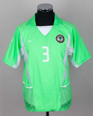 Celestine Babayaro green and white No.3 Nigeria v. Argentina short-sleeved shirt, 2002