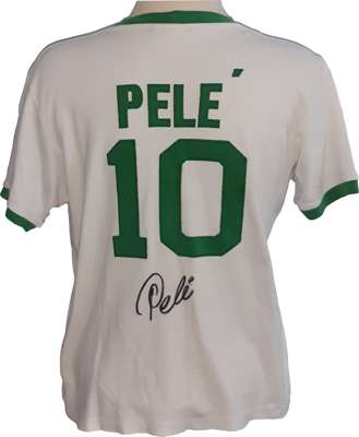 Pele signed New York Cosmos 1976 replica Umbro jersey as worn by the team. 
 Pele signed for NYC in 1975 on a salary of $1.4 million per year. Jersey 