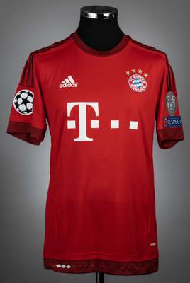 Sebastian Rode red Bayern Munich UEFA Champions League no.20 jersey, season 2015-16,
 match-issue, Adidas, short-sleeved with UEFA STARBALL, RESPECT a