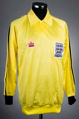 Yellow England Intermediate no.1 goalkeeping jersey, circa late 1970s,
 Admiral, long-sleeved with three lion Intermediate badge and red Admiral badge
