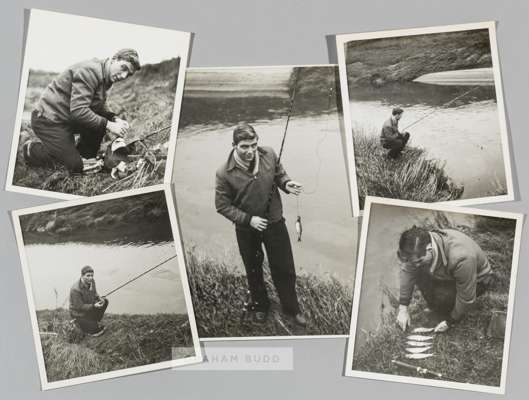 A group of five photographs featuring Duncan Edwards of Manchester United and England spending a relaxing day fishing,
 b & w, various sizes the large