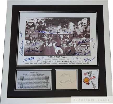 England 1966 World Cup winners signed & framed display, 
 features a b&w montage signed by 21 of the victorious squad Alan Ball, Geoff Hurst, Martin P