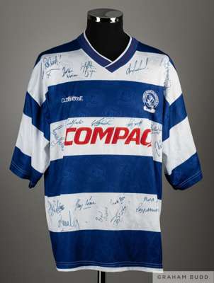 Clive Wilson blue and white No.3 Queens Park Rangers last match worn short-sleeved shirt, 1994-95, 
 Clubhouse, with v-neck collar and embroidered bad