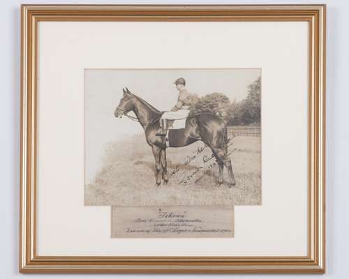 Photo of the Aga Khan's 1944 St Leger winner Tehran signed by jockey Gordon Richards